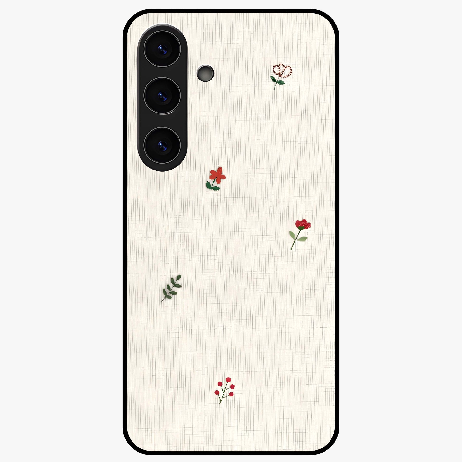 Minimal Petal Whispers Glass Case showing flat back view with soft minimal floral artwork and glossy glass finish.