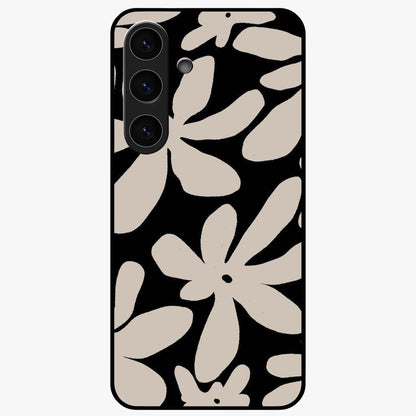 Monochrome Petal Dance Glass Case showing flat back view with monochrome floral artwork and glossy glass finish.