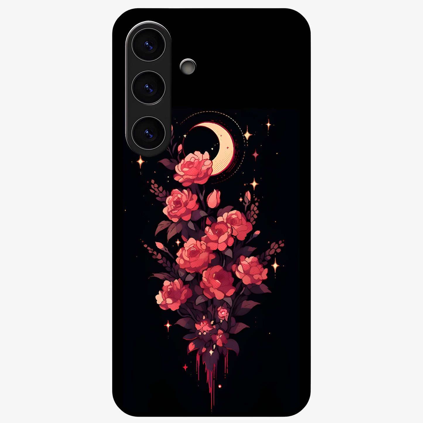 Moonlit Floral Elegance Glass Case showing flat back view with elegant floral artwork under moonlit tones and glossy glass finish.