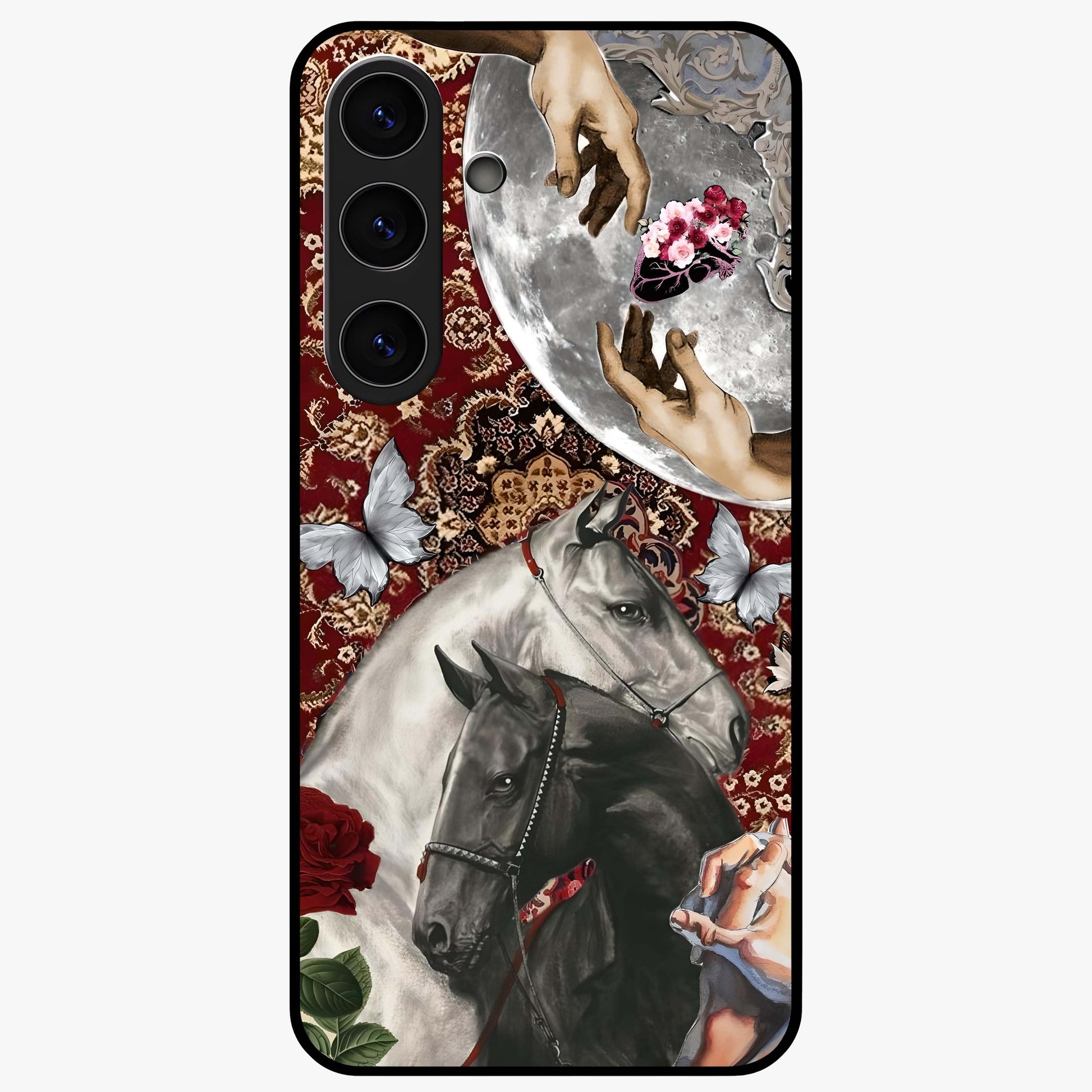 Moonlit Royal Stallion Glass Case showing flat back view with majestic horse under moonlight artwork and glossy glass finish.
