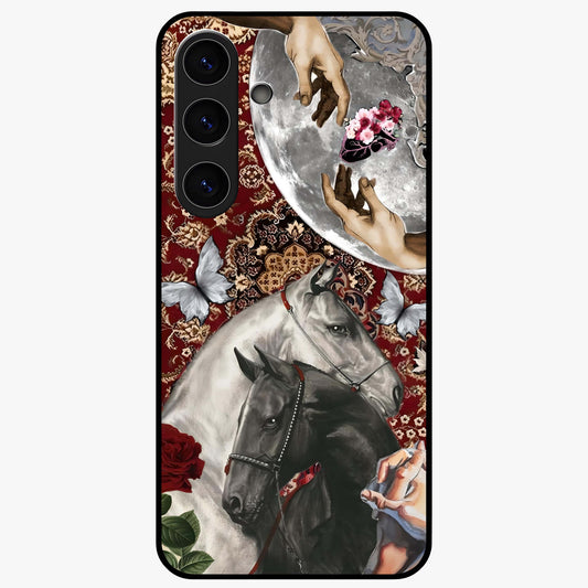 Moonlit Royal Stallion Glass Case showing flat back view with majestic horse under moonlight artwork and glossy glass finish.