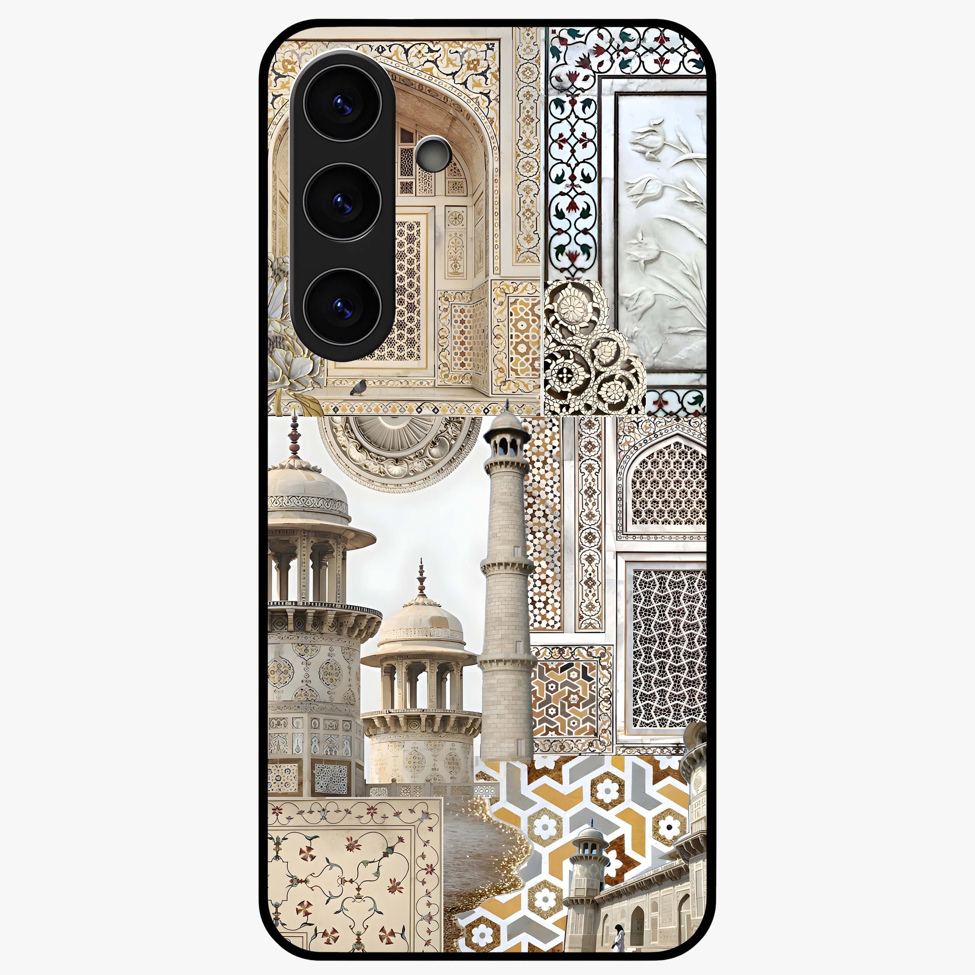 Mughal Marble Legacy Glass Case showing flat back view with intricate Mughal inspired marble pattern and glossy glass finish.
