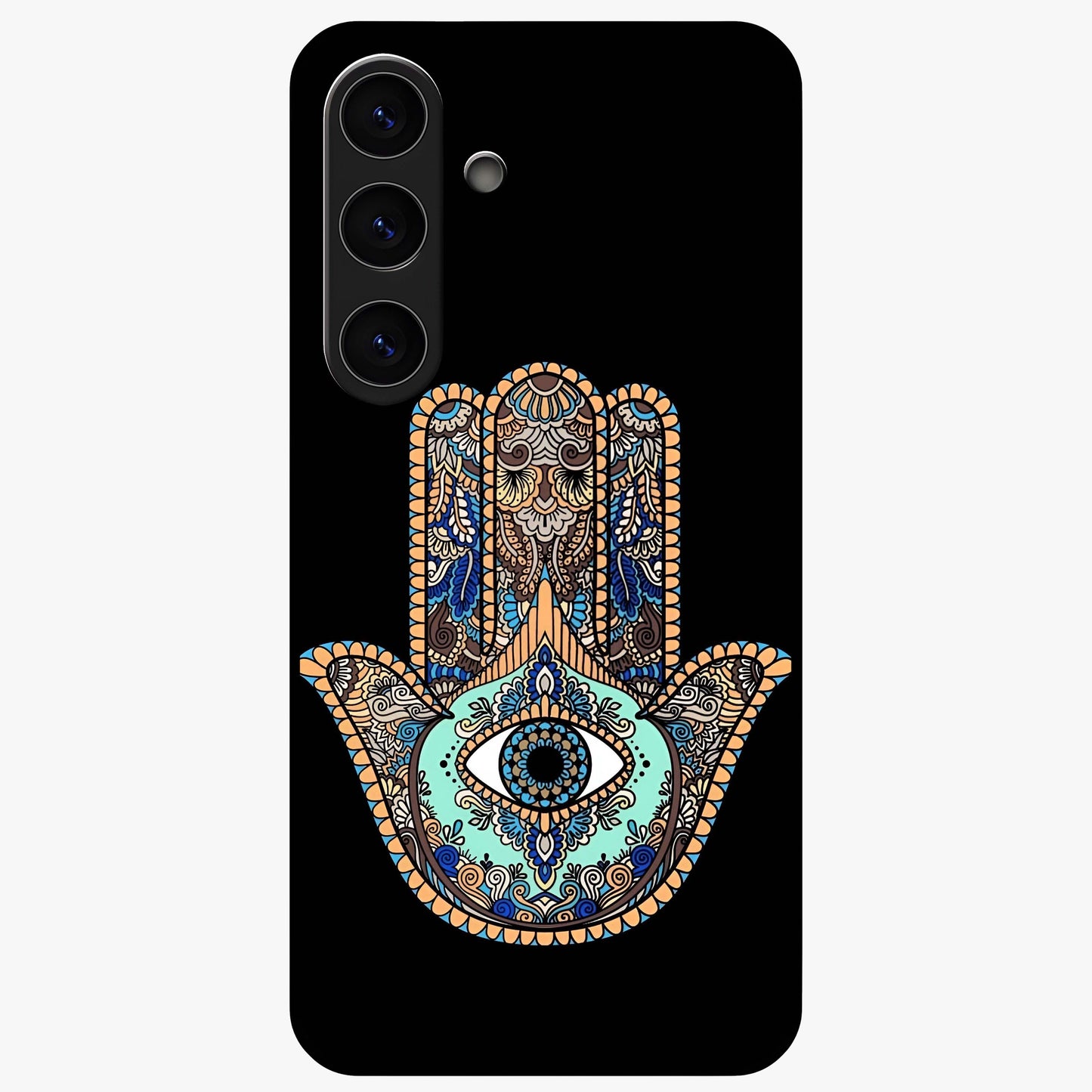 Mystic Hamsa Eye Glass Case showing flat back view with protective hamsa hand and evil eye artwork and glossy glass finish.