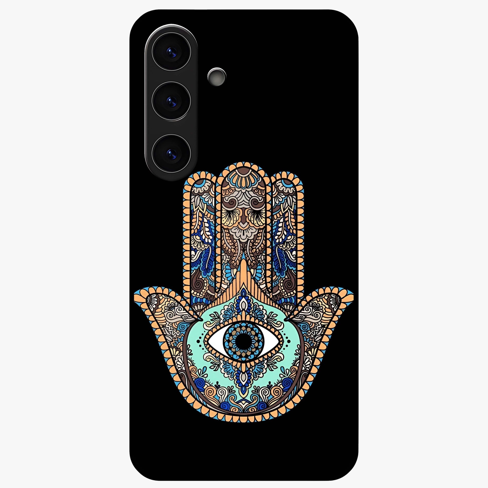 Mystic Hamsa Eye Glass Case showing flat back view with protective hamsa hand and evil eye artwork and glossy glass finish.