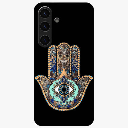 Mystic Hamsa Eye Glass Case showing flat back view with protective hamsa hand and evil eye artwork and glossy glass finish.