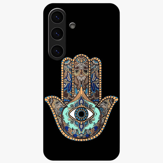 Mystic Hamsa Eye Glass Case showing flat back view with protective hamsa hand and evil eye artwork and glossy glass finish.