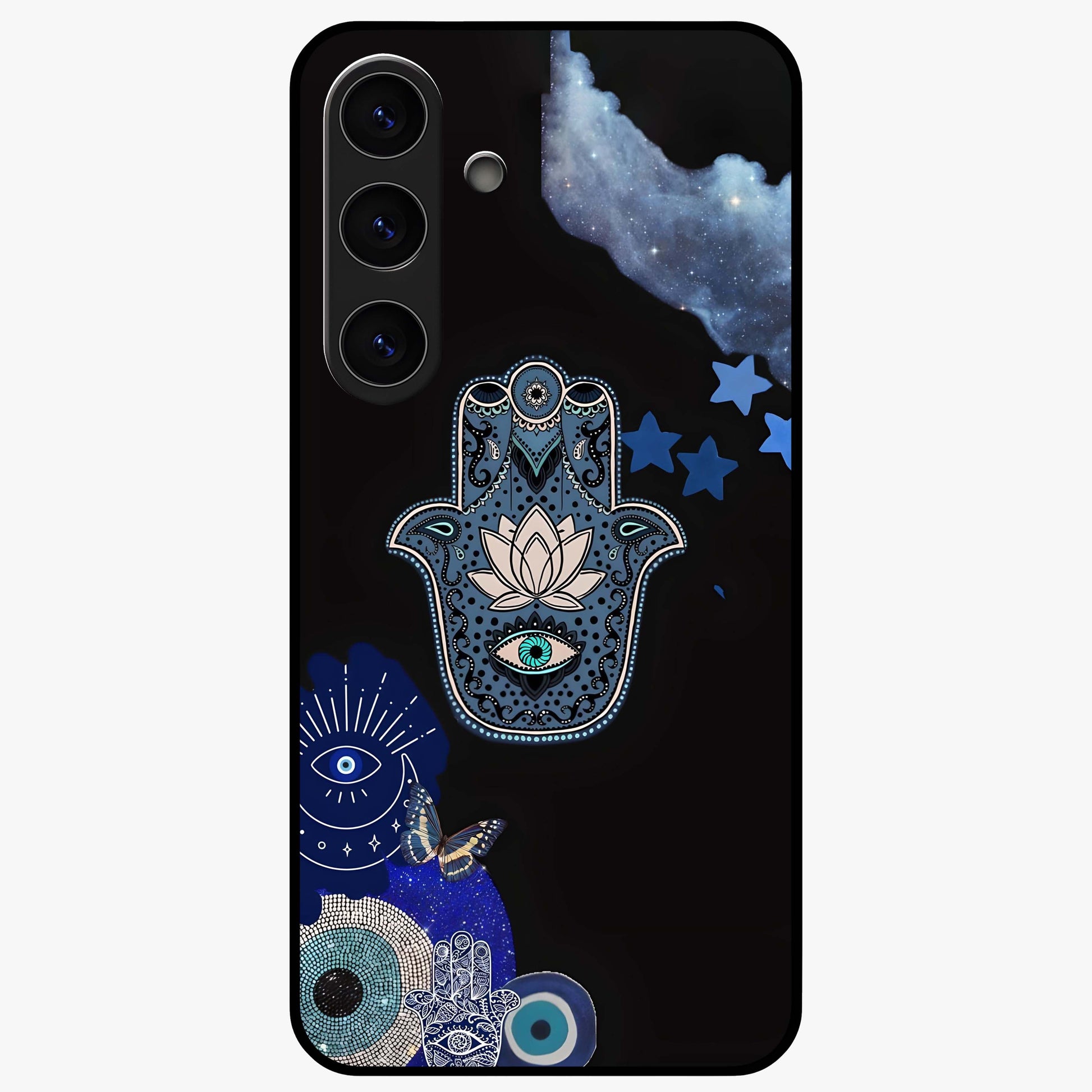 Mystic Hand Aura Glass Case showing flat back view with mystical hand symbol artwork and glossy glass finish.