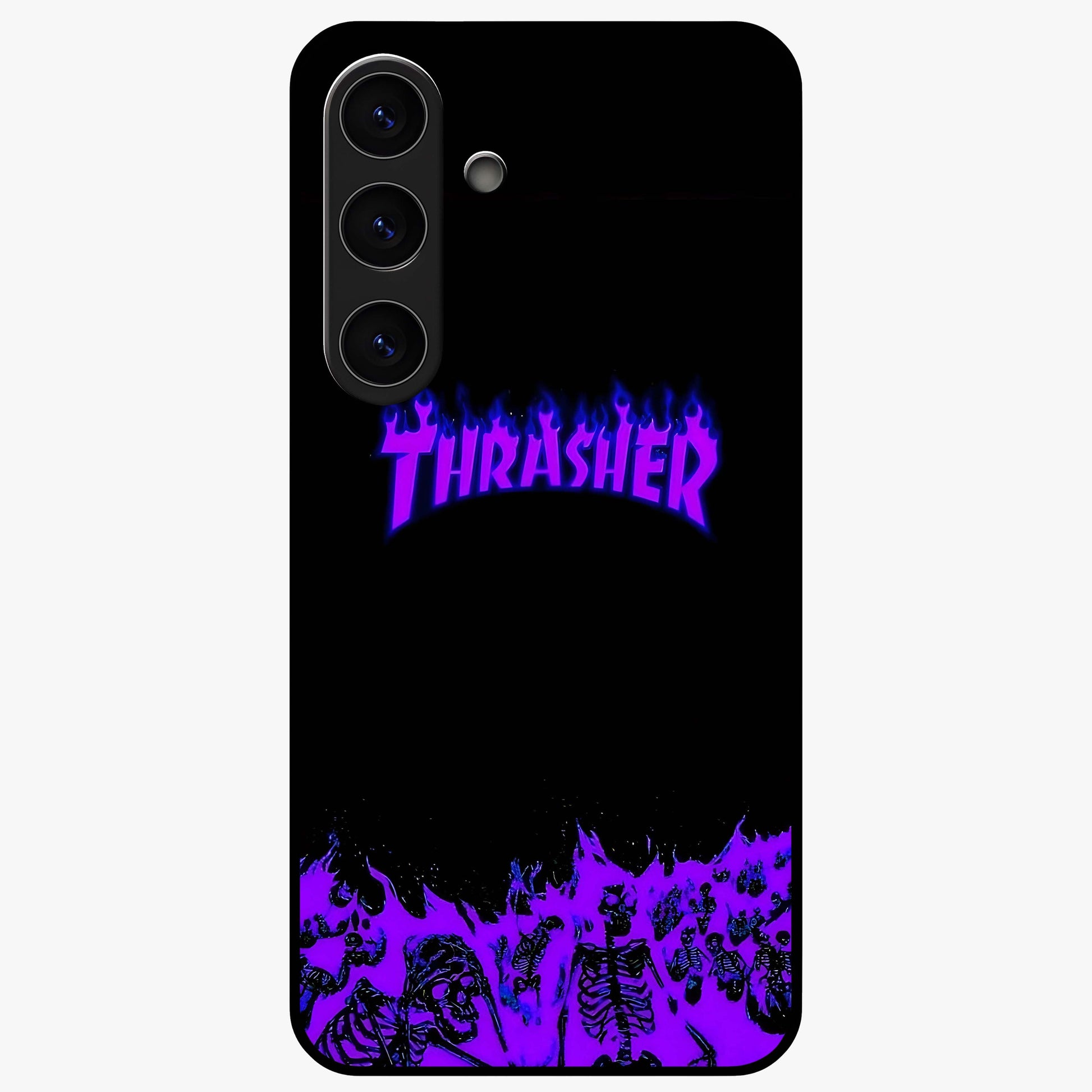 Neon Flame Riot Glass Case showing flat back view with neon flame artwork and glossy glass finish.