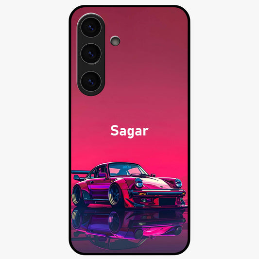 Neon Pink Porsche Glass Case showing flat back view with stylish sports car artwork and glossy glass finish.
