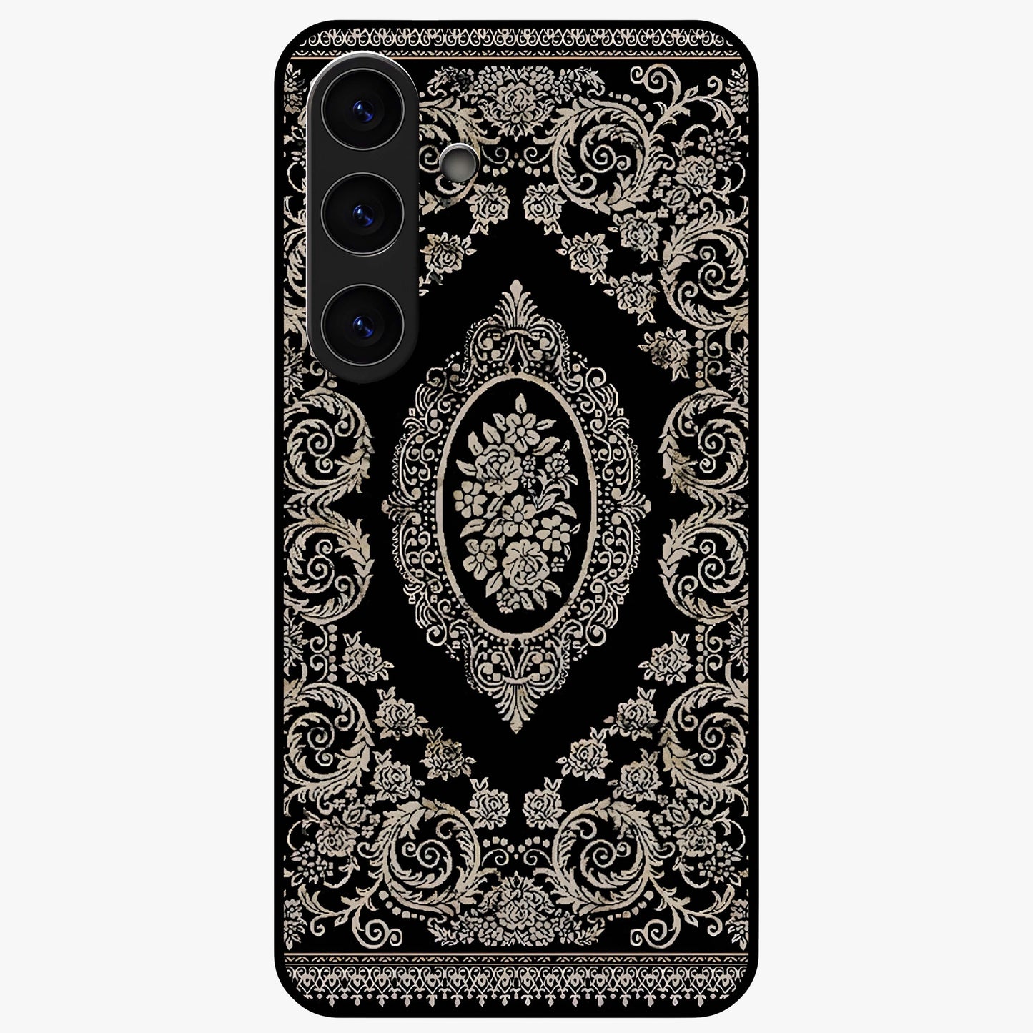 Noir Bloom Elegance Glass Case showing flat back view with elegant dark floral artwork and glossy glass finish.