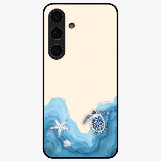 Ocean Drift Turtle Glass Case showing flat back view with sea turtle artwork and glossy glass finish.