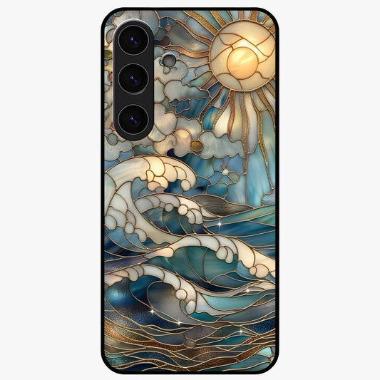 Oceanic Stained Printed Glass Case showing flat back view with ocean inspired stained pattern artwork and glossy glass finish.