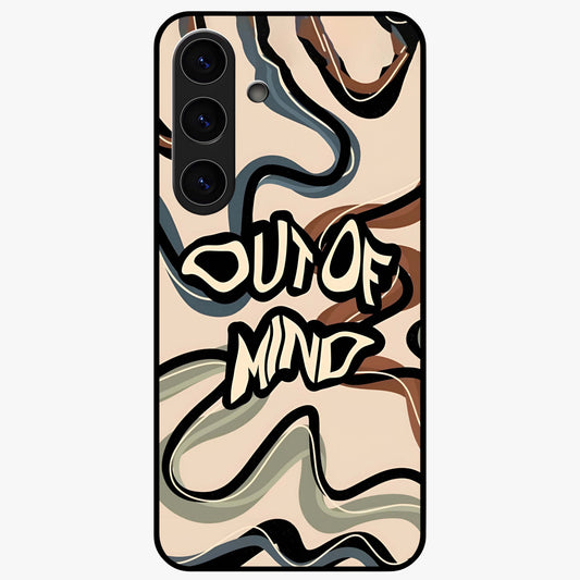 Out Of Mind Glass Case showing flat back view with expressive typography artwork and glossy glass finish.