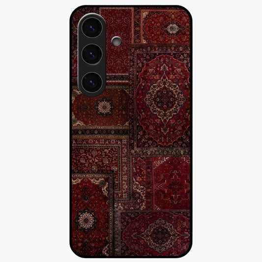 Persian Velvet Tale Glass Case showing flat back view with luxurious Persian velvet pattern artwork and glossy glass finish.