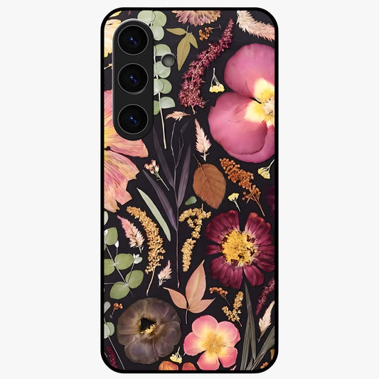 Petal Dream Tapestry Glass Case showing flat back view with intricate floral tapestry artwork and glossy glass finish.