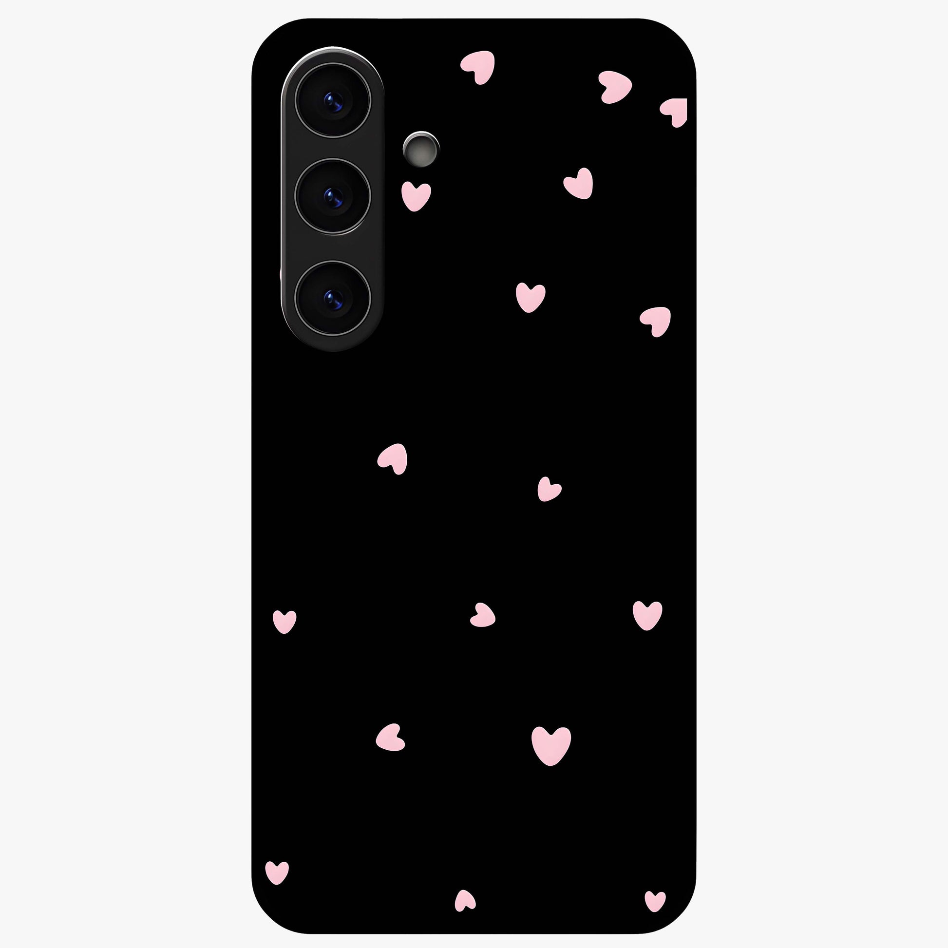 Pink Love Drops Glass Case showing flat back view with playful pink heart drops artwork and glossy glass finish.