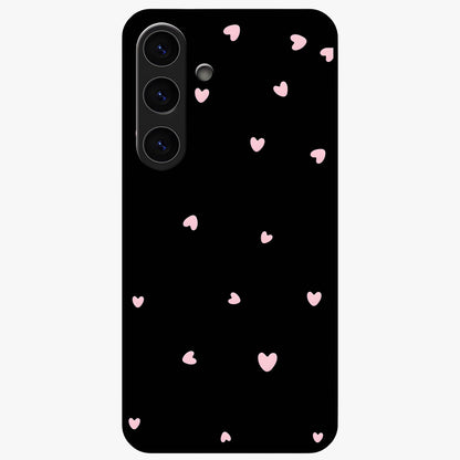 Pink Love Drops Glass Case showing flat back view with playful pink heart drops artwork and glossy glass finish.