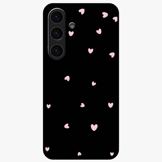 Pink Love Drops Glass Case showing flat back view with playful pink heart drops artwork and glossy glass finish.