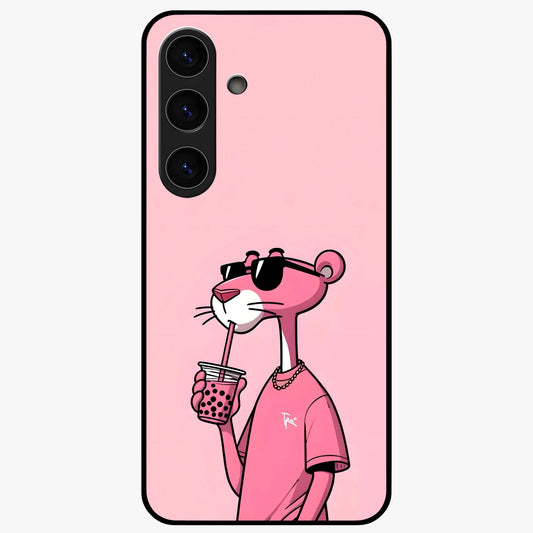 Pink Panther Glass Case showing flat back view with iconic pink panther artwork and glossy glass finish.