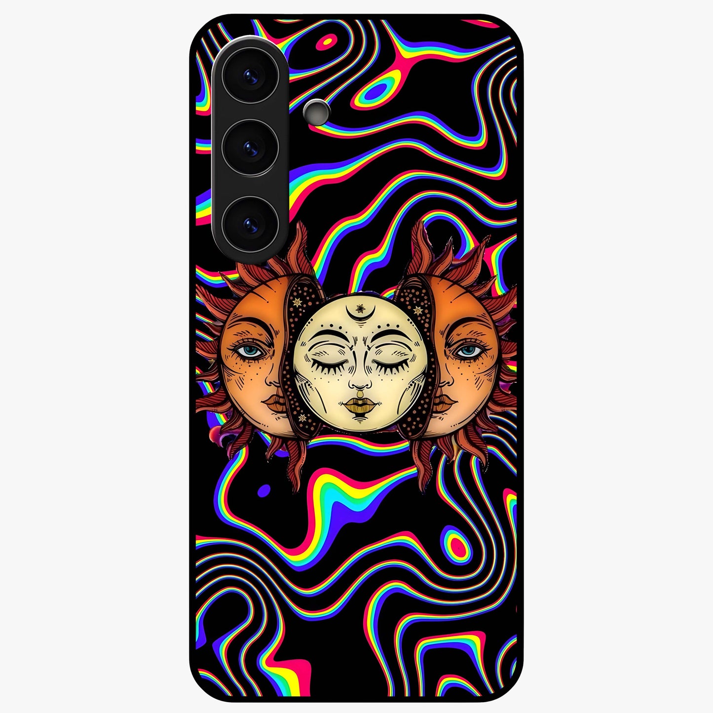 Psychedelic Sun Glass Case showing flat back view with colorful psychedelic sun artwork and glossy glass finish.