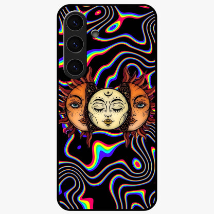 Psychedelic Sun Glass Case showing flat back view with colorful psychedelic sun artwork and glossy glass finish.