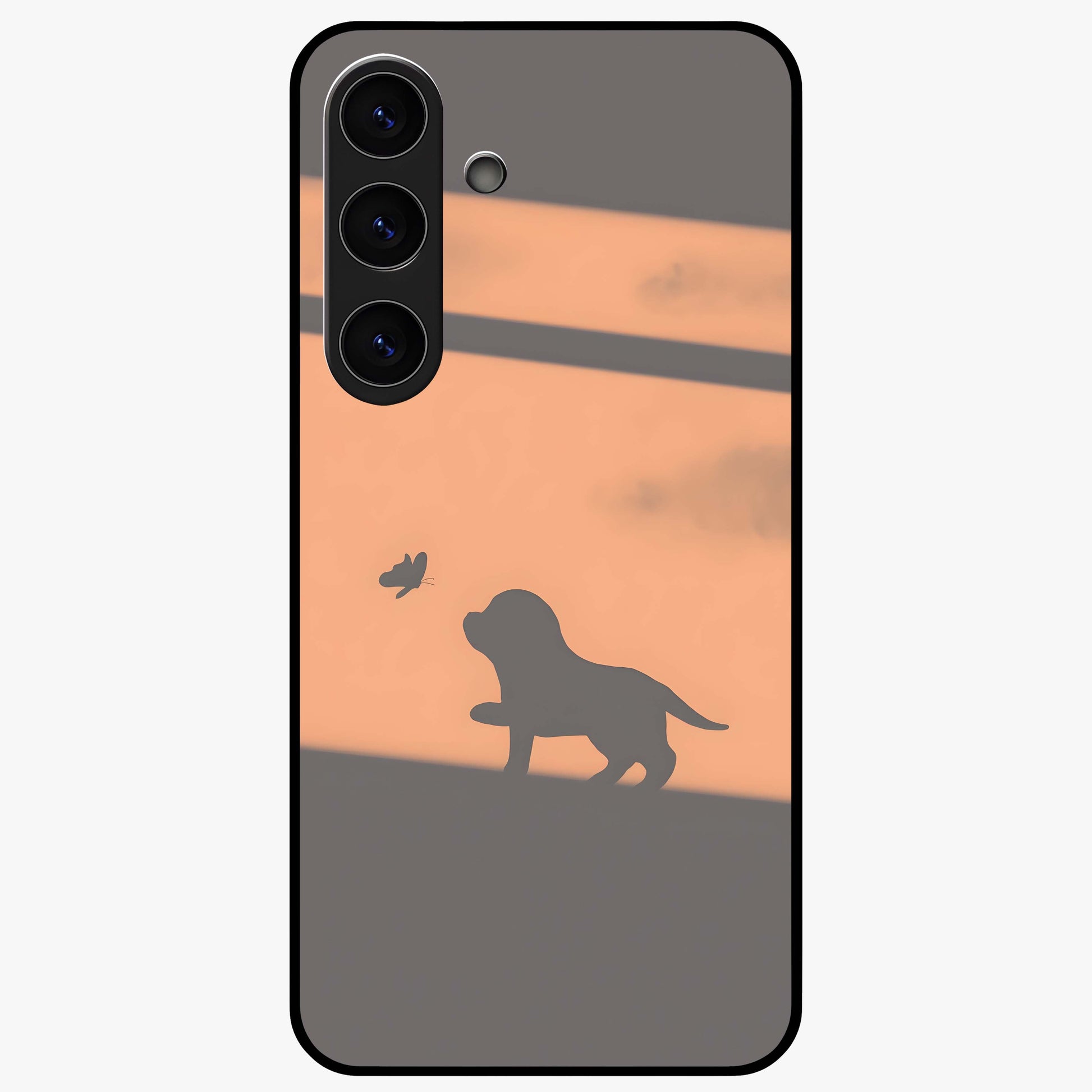 Puppy Shadow Art Glass Case showing flat back view with cute puppy shadow style artwork and glossy glass finish.