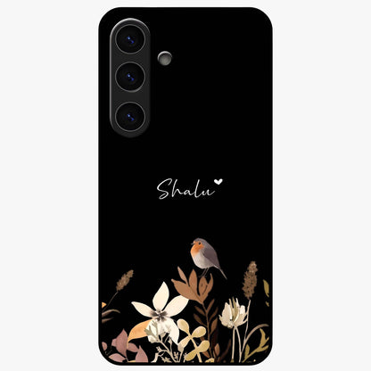 Quiet Garden Tune Custom Name Glass Case showing flat back view with peaceful garden artwork and personalized name design.