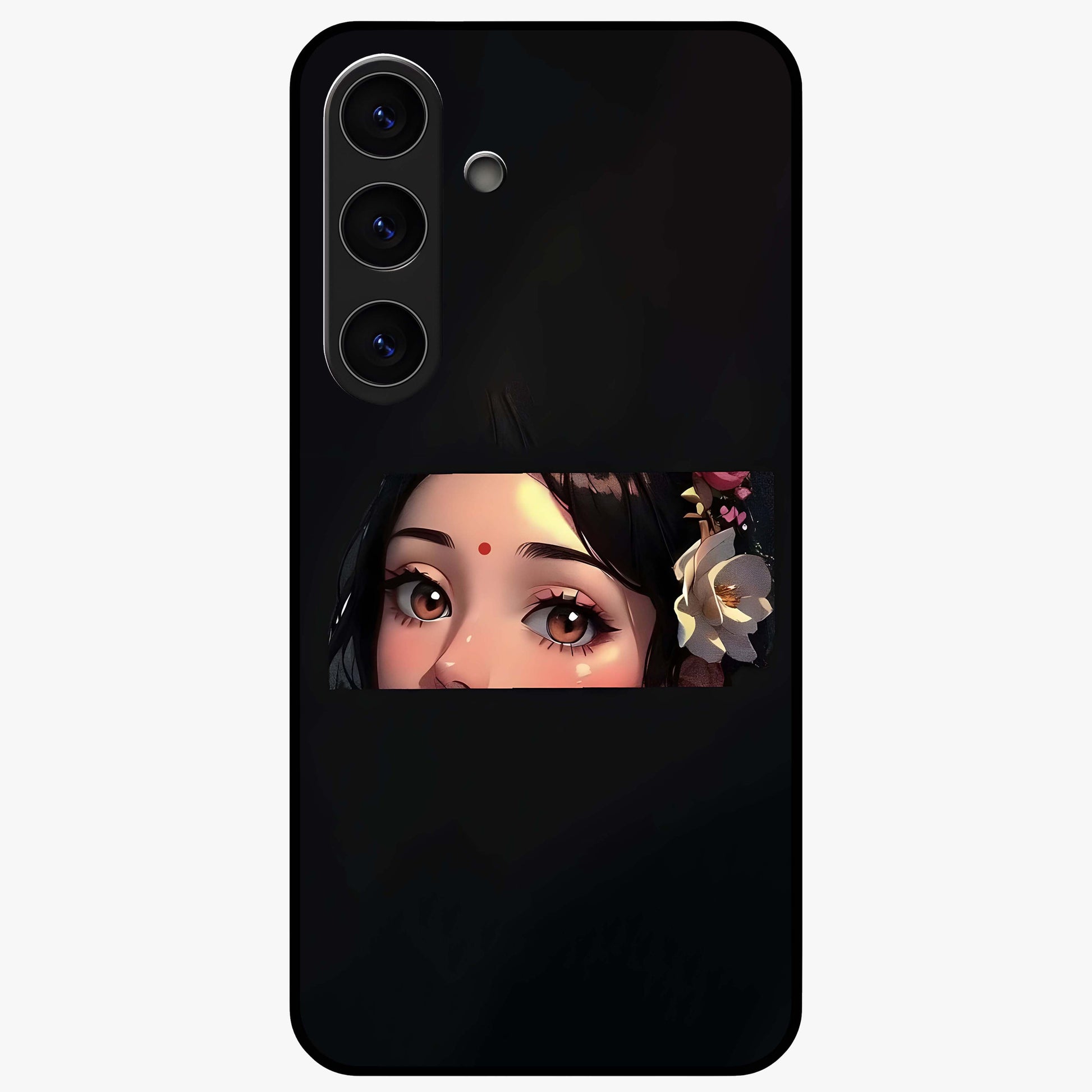 Radha Divine Embrace Glass Case showing flat back view with devotional Radha artwork and glossy glass finish.