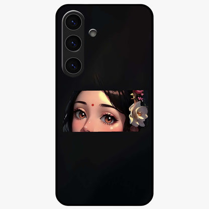 Radha Divine Embrace Glass Case showing flat back view with devotional Radha artwork and glossy glass finish.