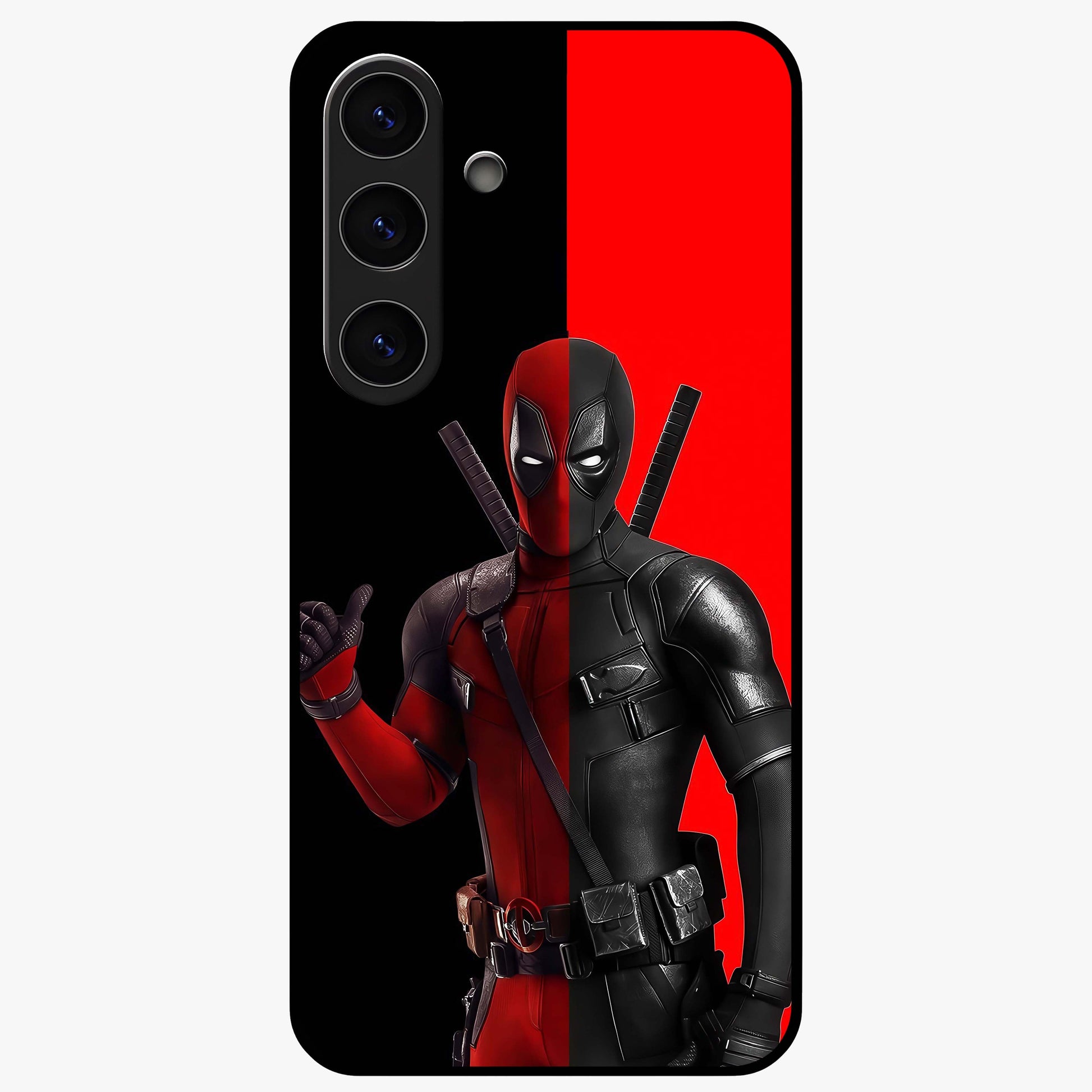 Red & Black Deadpool Theme Glass Case showing flat back view with bold comic inspired artwork and glossy glass finish.