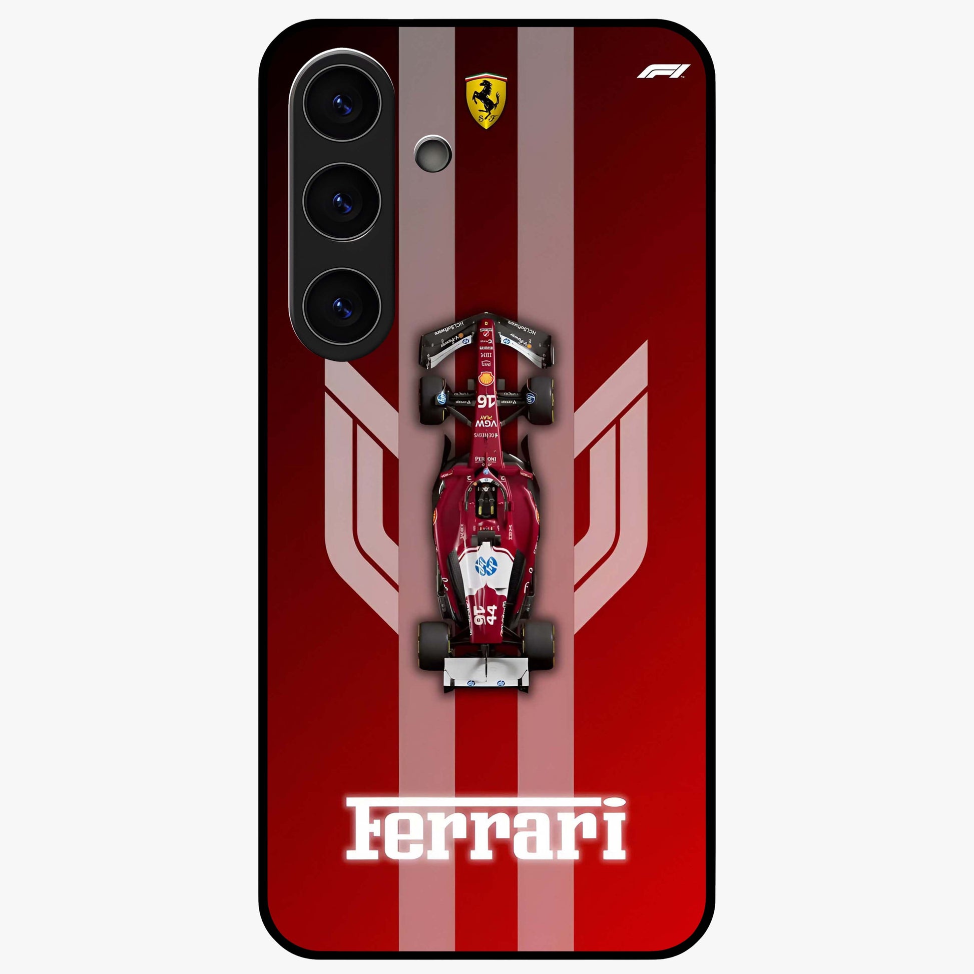 Red Ferrari F1 Vertical Glass Case showing flat back view with sleek Formula racing car artwork and glossy glass finish.