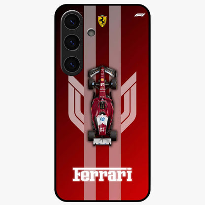 Red Ferrari F1 Vertical Glass Case showing flat back view with sleek Formula racing car artwork and glossy glass finish.
