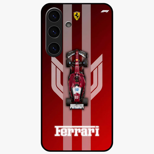 Red Ferrari F1 Vertical Glass Case showing flat back view with sleek Formula racing car artwork and glossy glass finish.