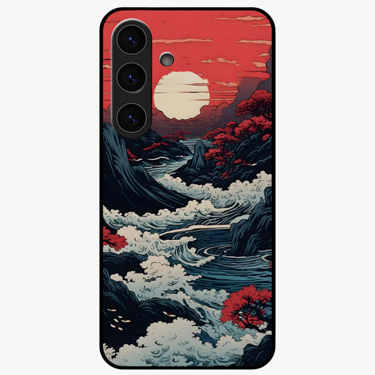 Red Sunset Scenery Glass Case showing flat back view with vibrant sunset landscape artwork and glossy glass finish.