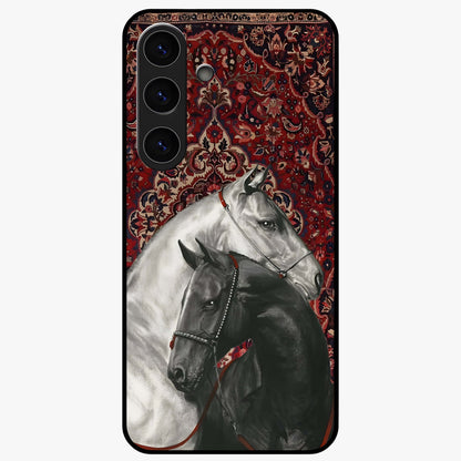 Regal Stallion Tapestry Glass Case showing flat back view with majestic horse tapestry artwork and glossy glass finish.