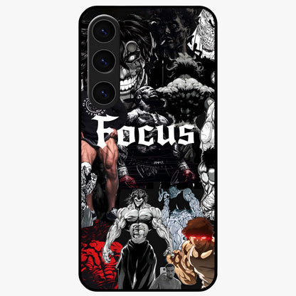 Relentless Power Focus Glass Case showing flat back view with motivational typography artwork and glossy glass finish.