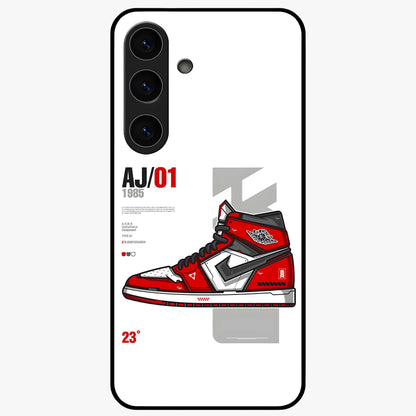Retro Sneaker Blueprint Glass Case showing flat back view with sneaker blueprint style artwork and glossy glass finish.