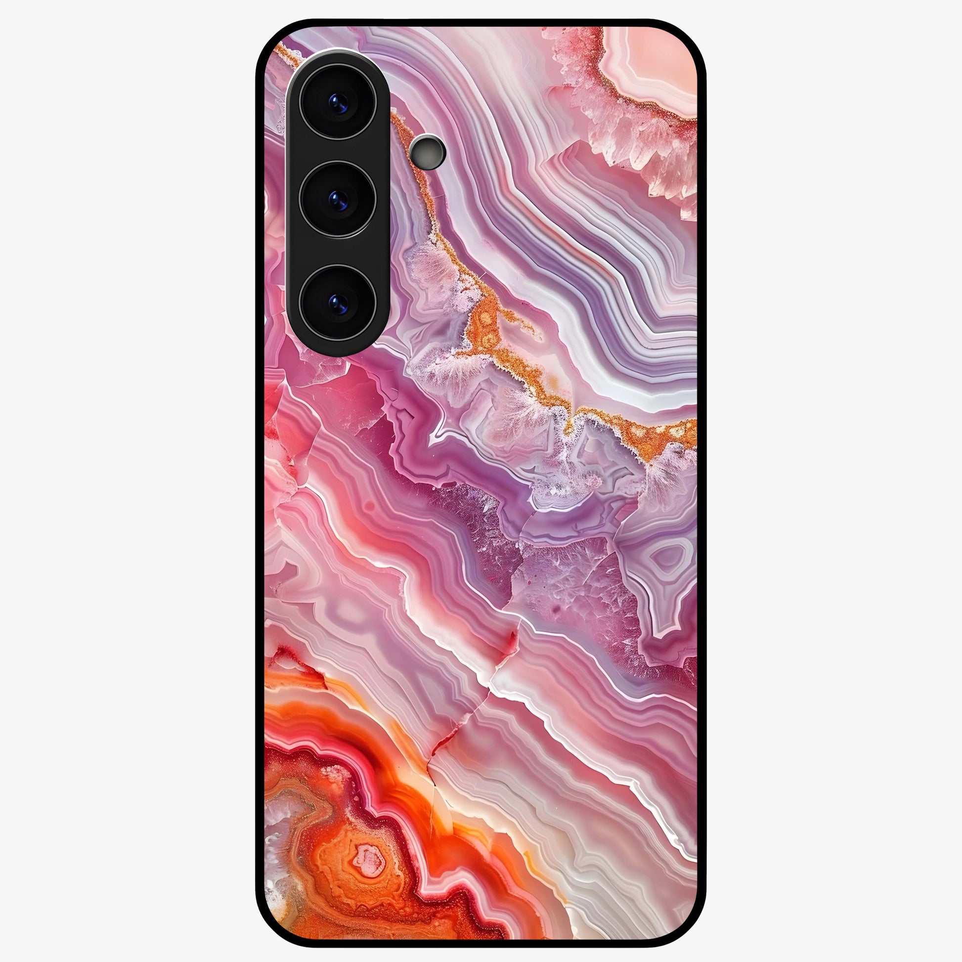 Rose Quartz Marble Glass Case showing flat back view with pink marble quartz texture artwork and glossy glass finish.