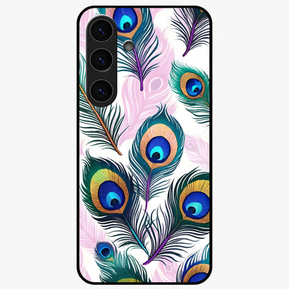 Royal Peacock Feathers Glass Case showing flat back view with colorful peacock feather artwork and glossy glass finish.