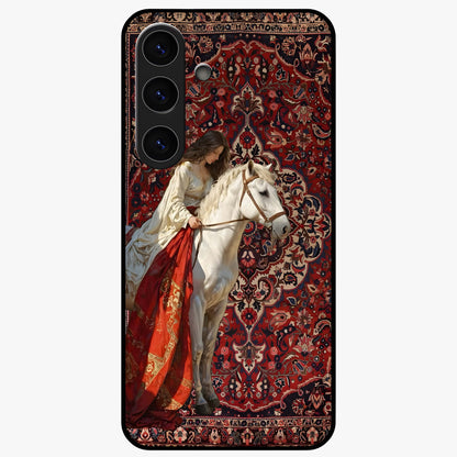 Royal Rider Tapestry Glass Case showing flat back view with majestic horse rider tapestry artwork and glossy glass finish.