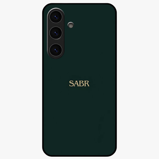 Sabr Minimal Patience Glass Case showing flat back view with minimalist typography artwork and glossy glass finish.