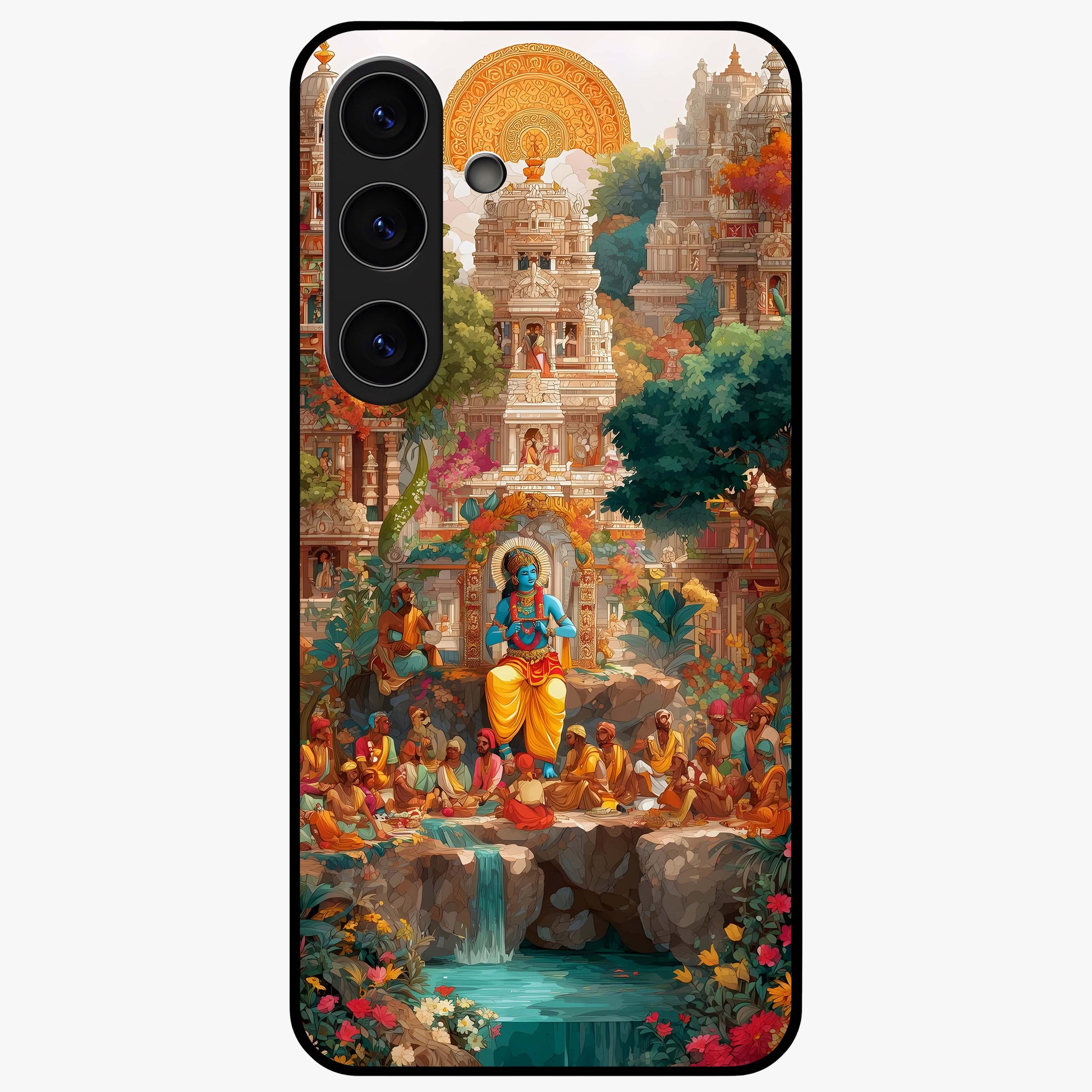 Sacred Sunlight Gods Glass Case showing flat back view with divine sunlight themed artwork and glossy glass finish.