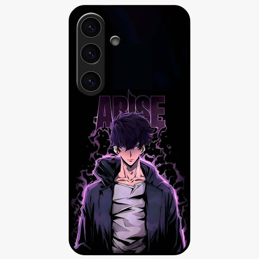 Shadow Monarch Awakening Glass Case showing flat back view with powerful dark monarch themed artwork and glossy glass finish.