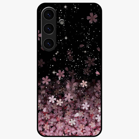 Small Starry Flowers Glass Case showing flat back view with delicate starry floral artwork and glossy glass finish.