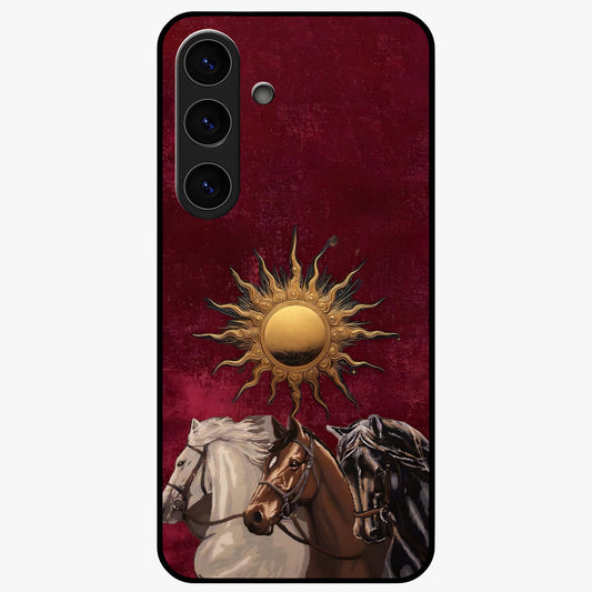 Solar Riders Glass Case showing flat back view with dynamic rider themed artwork and glossy glass finish.