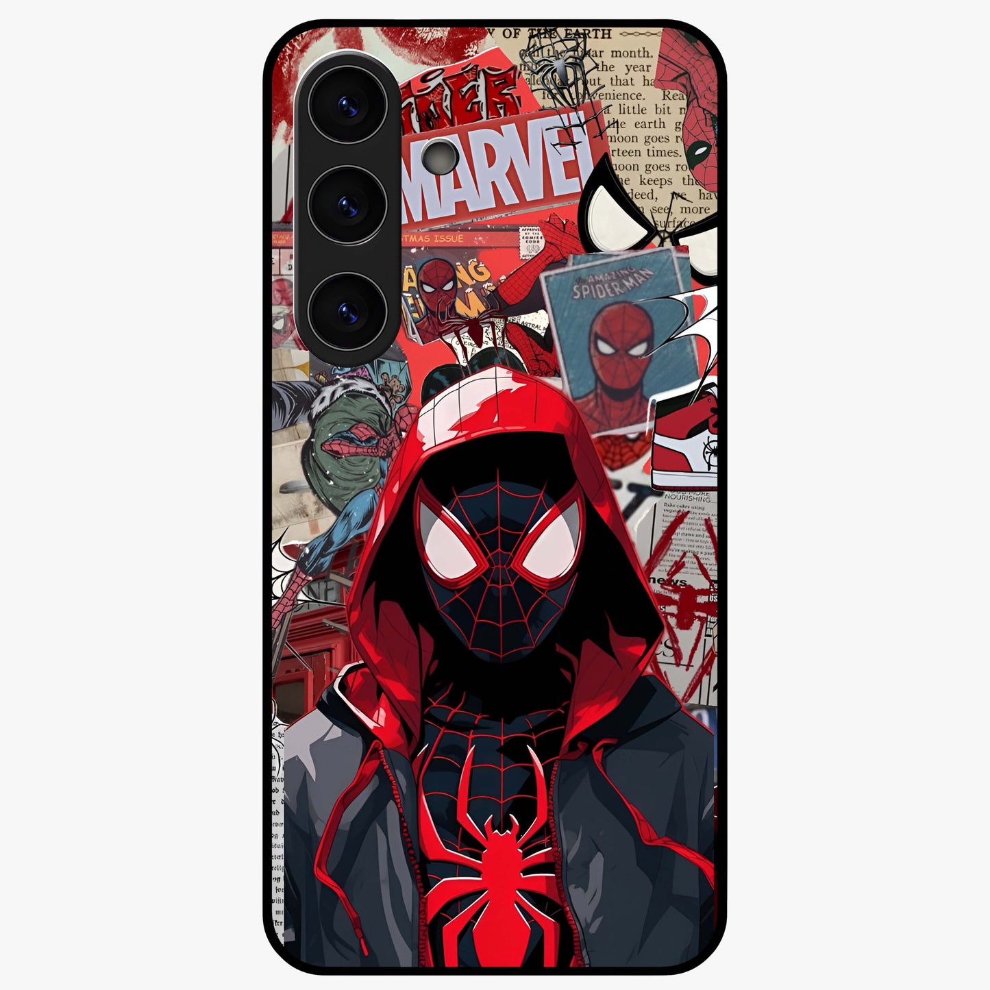 Spider Collage Street Glass Case showing flat back view with vibrant superhero collage artwork and glossy glass finish.