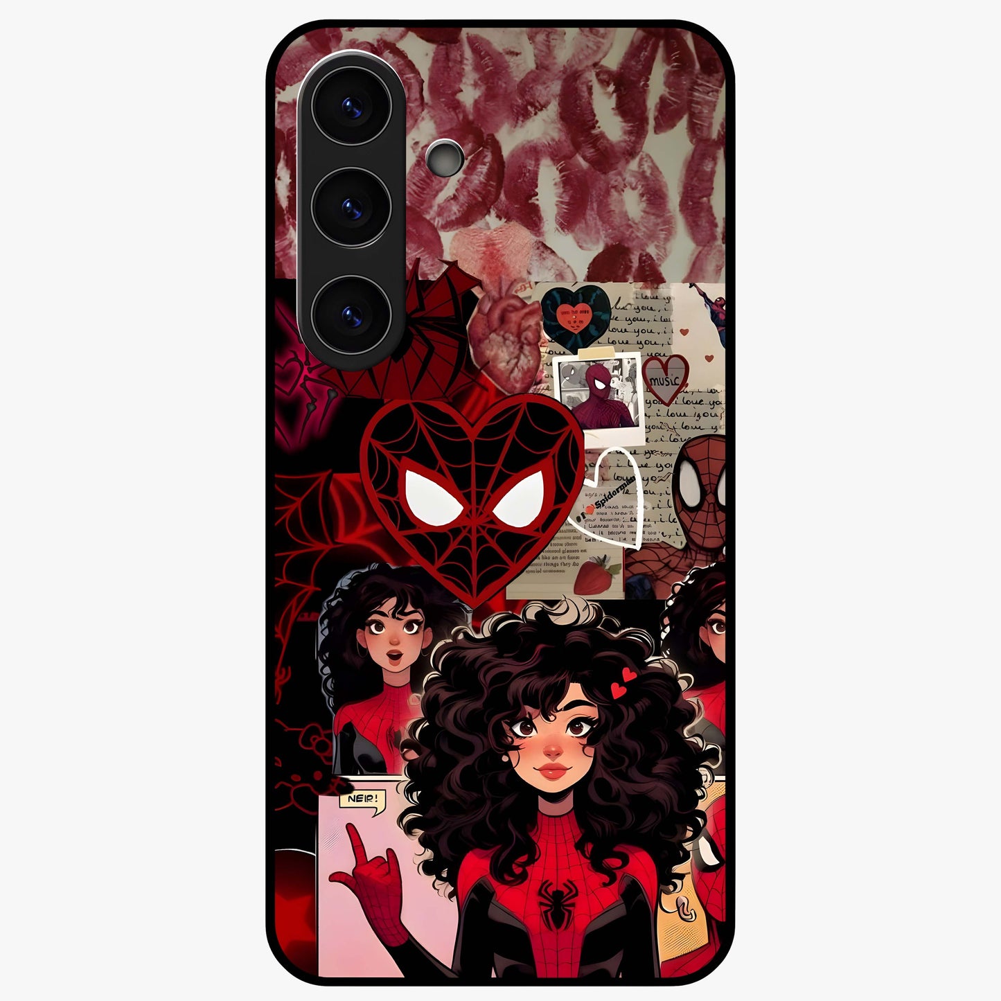 Spider Love Story Glass Case showing flat back view with romantic superhero themed artwork and glossy glass finish.