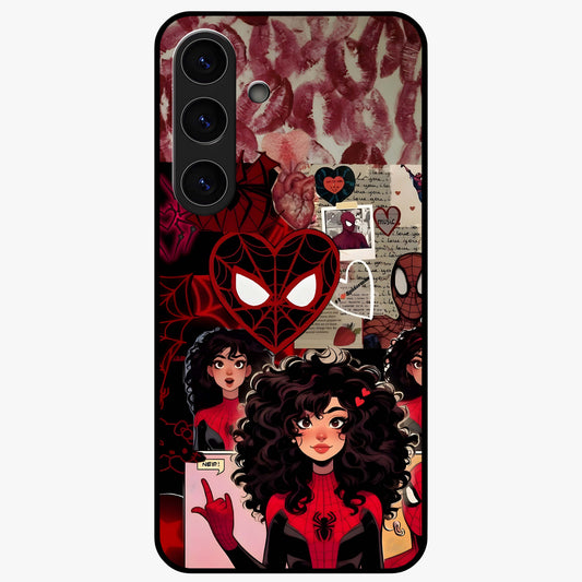 Spider Love Story Glass Case showing flat back view with romantic superhero themed artwork and glossy glass finish.