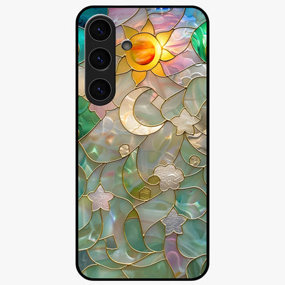 Stained Sunrise Glow Glass Case showing flat back view with glowing sunrise stained pattern artwork and glossy glass finish.