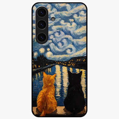 Starry River Cats Glass Case showing flat back view with cats by a starry river artwork and glossy glass finish.